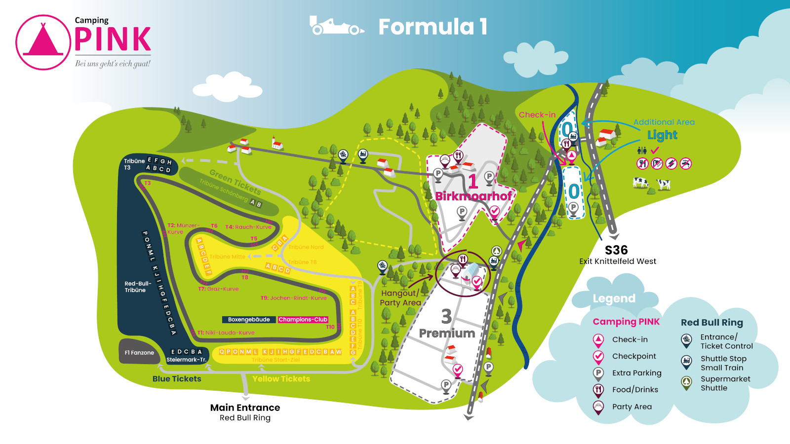 The shortest way from the PINK campsite to the Grandstand Mitte, KTM Grandstand, Grandstand Nord and T8